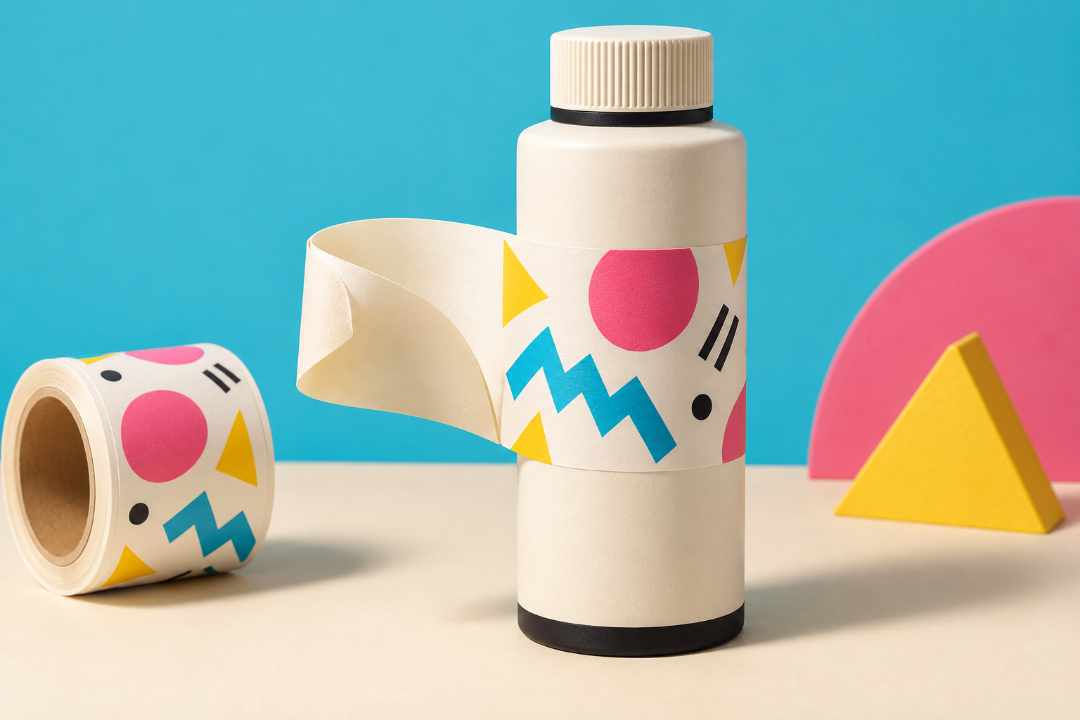 Retro illustration of a fresh pressure-sensitive label being applied to a bare bottle